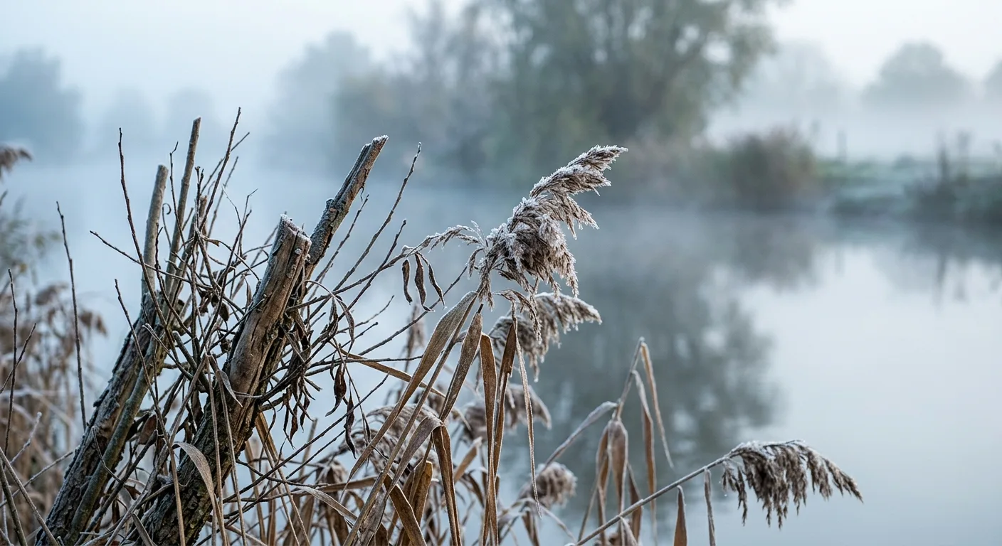 Gedroogd riet aan de waterkant in ochtendmist