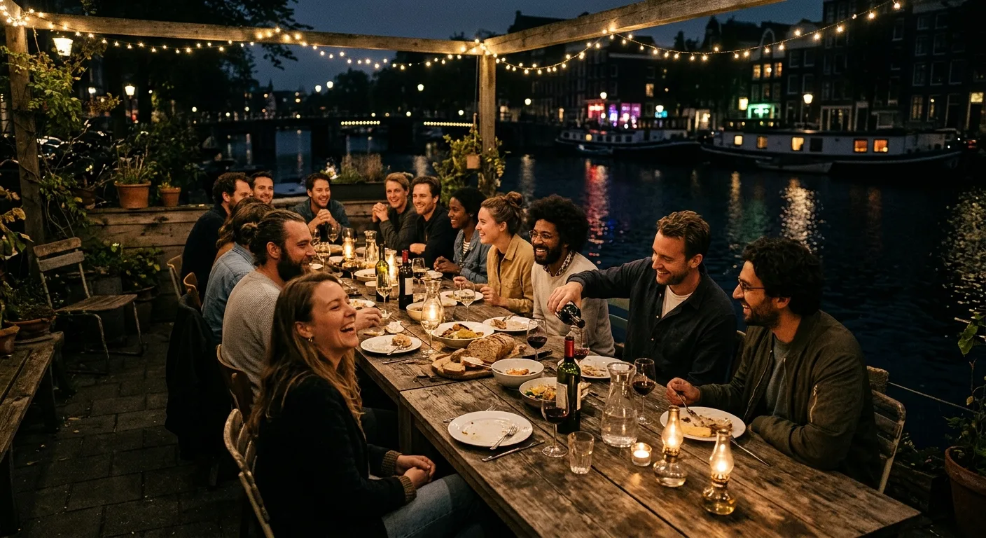 Gasten aan lange tafel op het terras in avondlicht