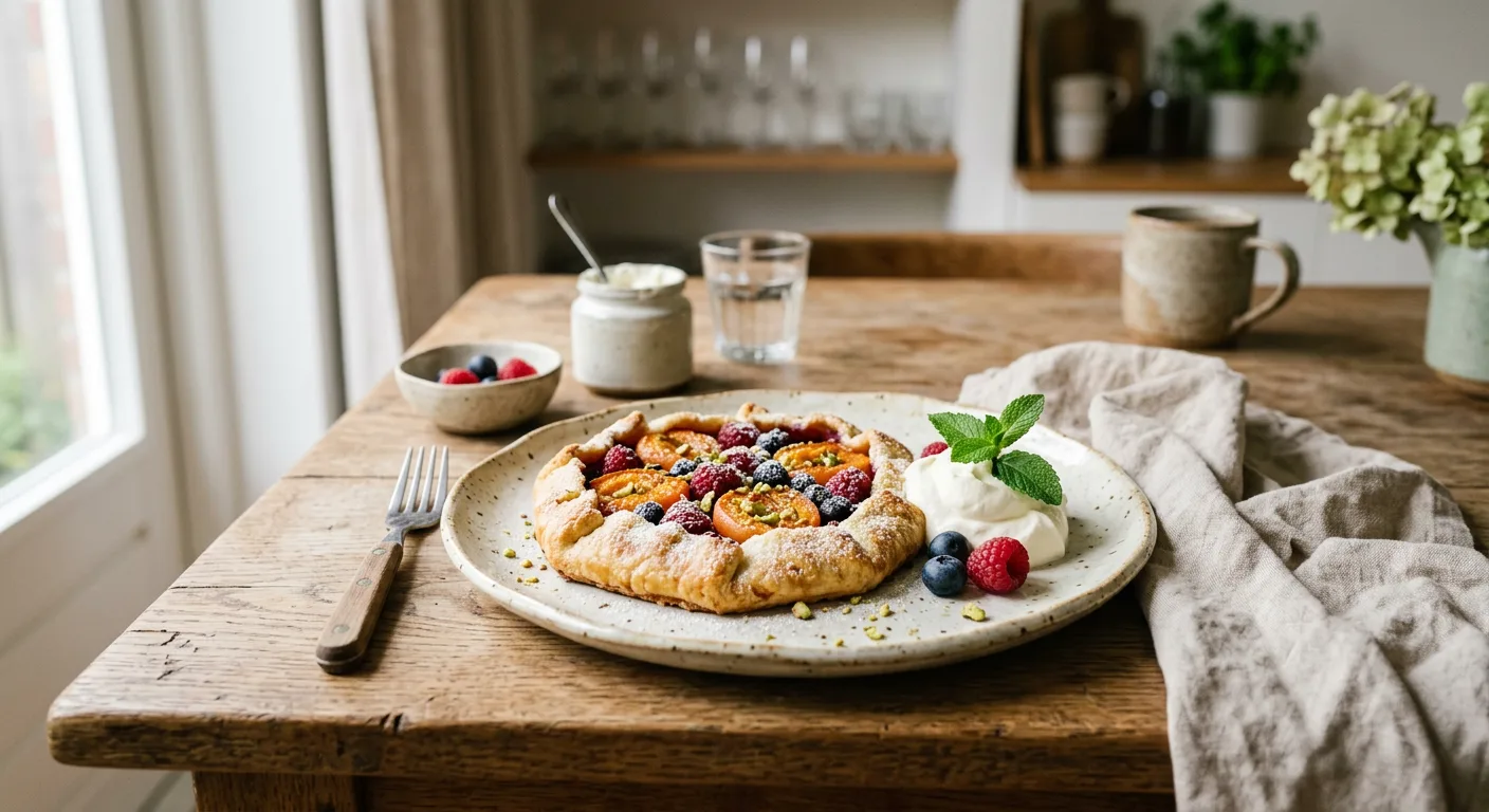 Dessert met seizoensfruit op keramisch bord