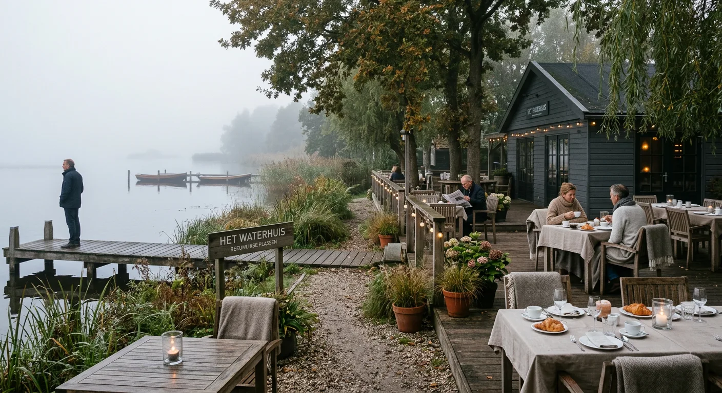 Terras van Gasterij Vergeer aan de Reeuwijkse Plassen in ochtendmist