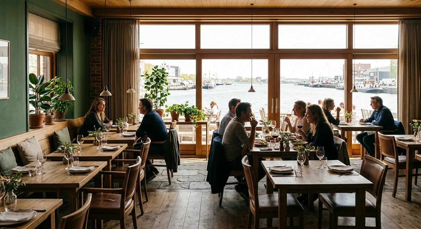 Warm interieur met eiken tafels en uitzicht op water