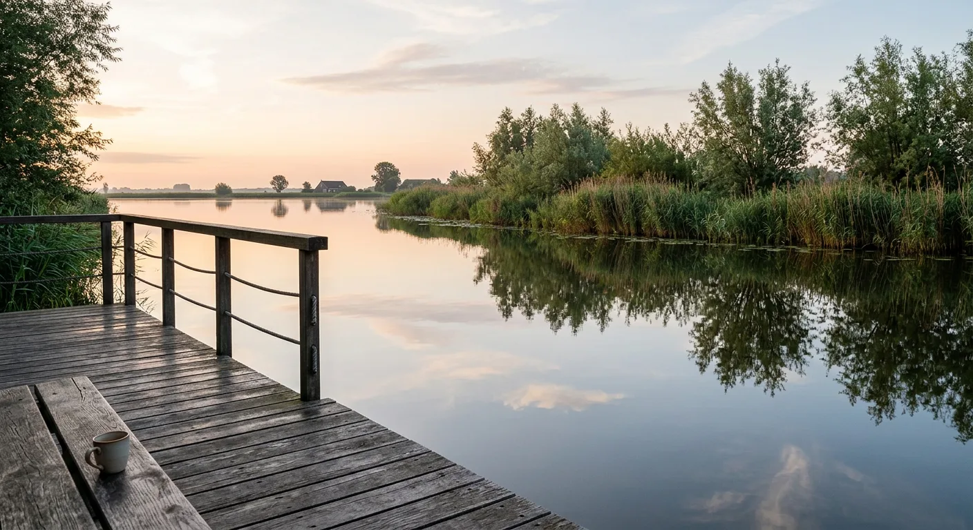 Uitzicht over de plas met riet en wilgen vanaf het terras