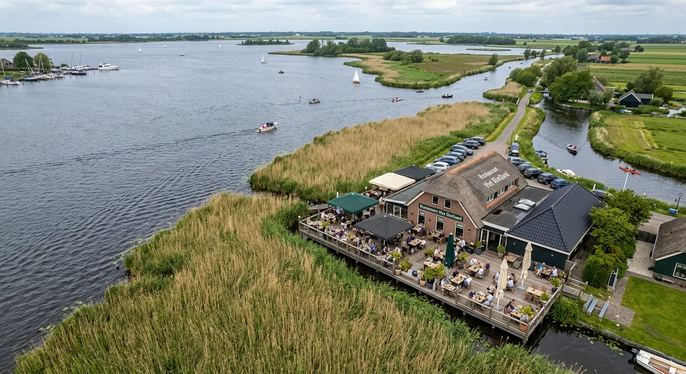 Luchtfoto van de gasterij met terras aan de Reeuwijkse Plassen