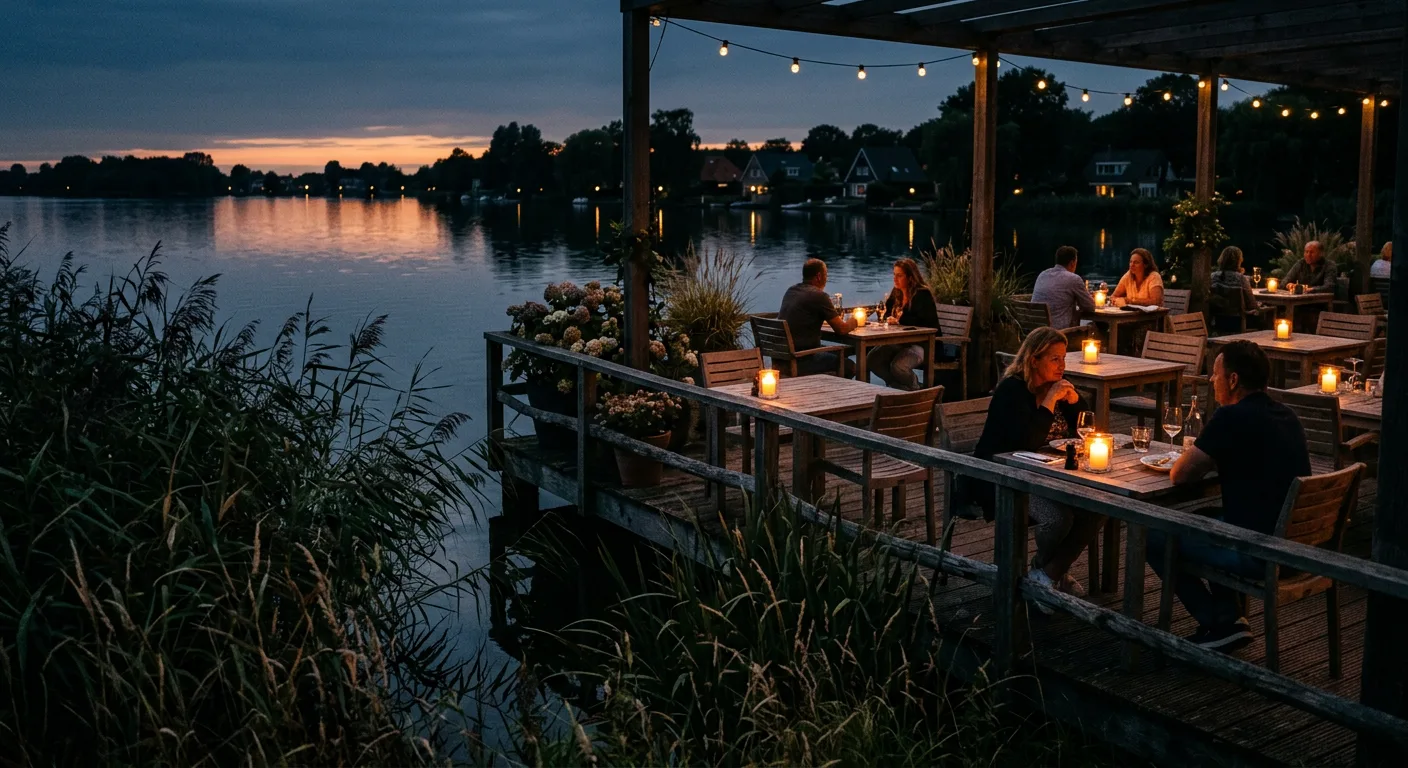 Terras aan de plas bij avondschemering met kaarslicht